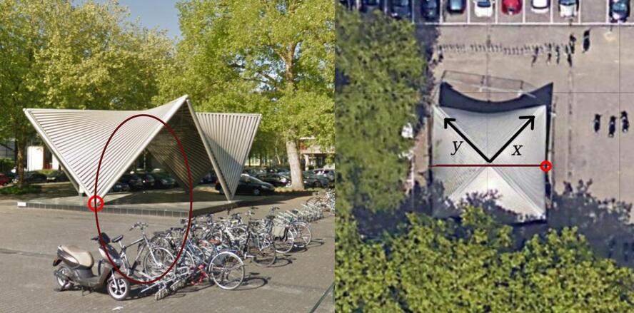 The “Laplace tent” on the Laplace square as seen from a nearby road (Google streetview) with a circular arch marking the curvature of the roof. The right-hand side shows the structure as seen from above (Google maps) and introduces two horizontal coordinates (x,y)