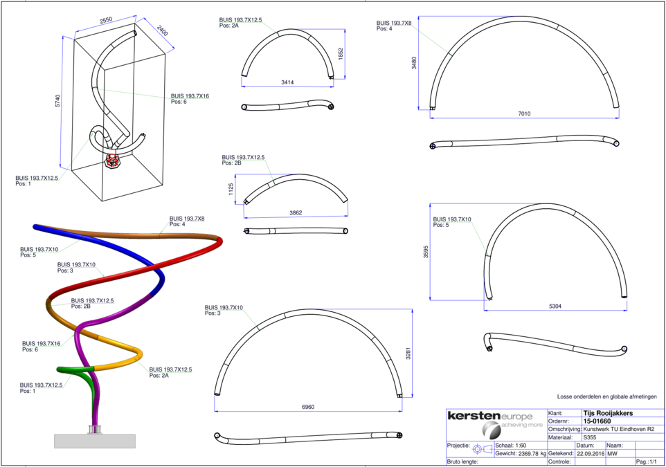 The cunstruction drawing of the artwork by Tijd Rooijakkers. The curve is split into several sections. As hinted to by the the drawings of these sections, the piped is first bend before an axial twist (torsion) is added