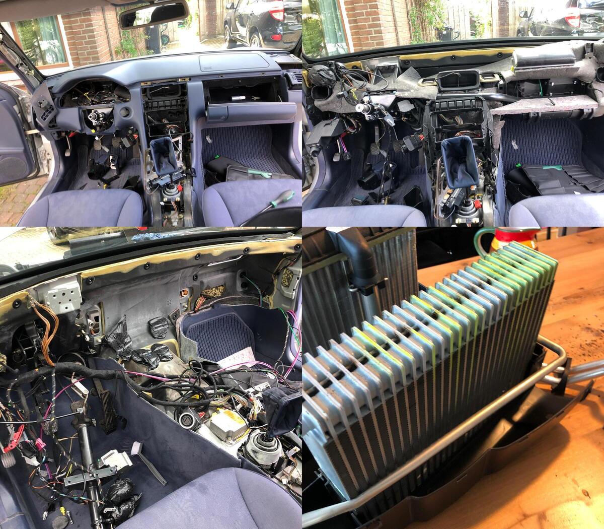 Various stages of the dashboard (and what is beneath) removal, and the culprit; a leaky evaporator