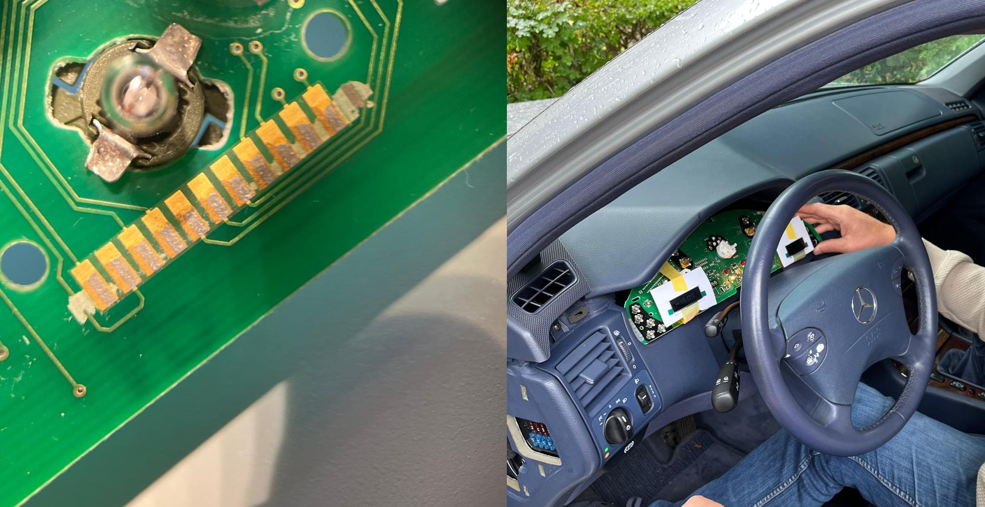 Contacts (before cleaning) and testing the connection in the car. On first attempt, we had some “dead pixels”, but after another hotplate treatment, the connection was fixed
