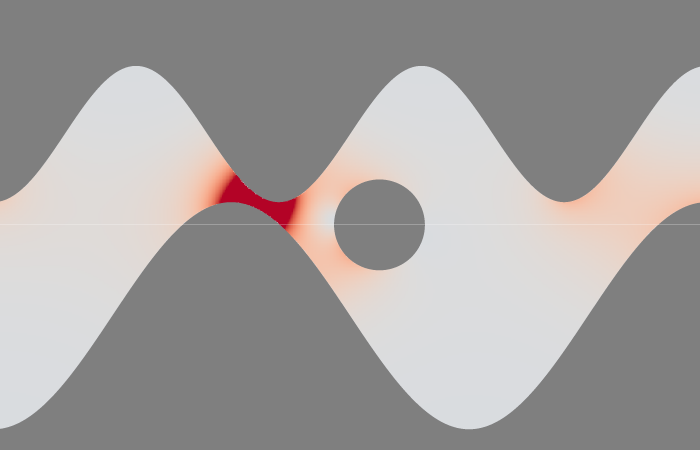 A potential flow in a channel (gray). The flow speed magnitude is given in shades of red