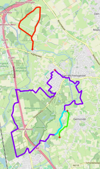 Red: Running 5 Km (23:05), green + blue Running 2x 1.5 Km (6:30 and 6:20), and purple: cycling 16.6 Km (41:13)